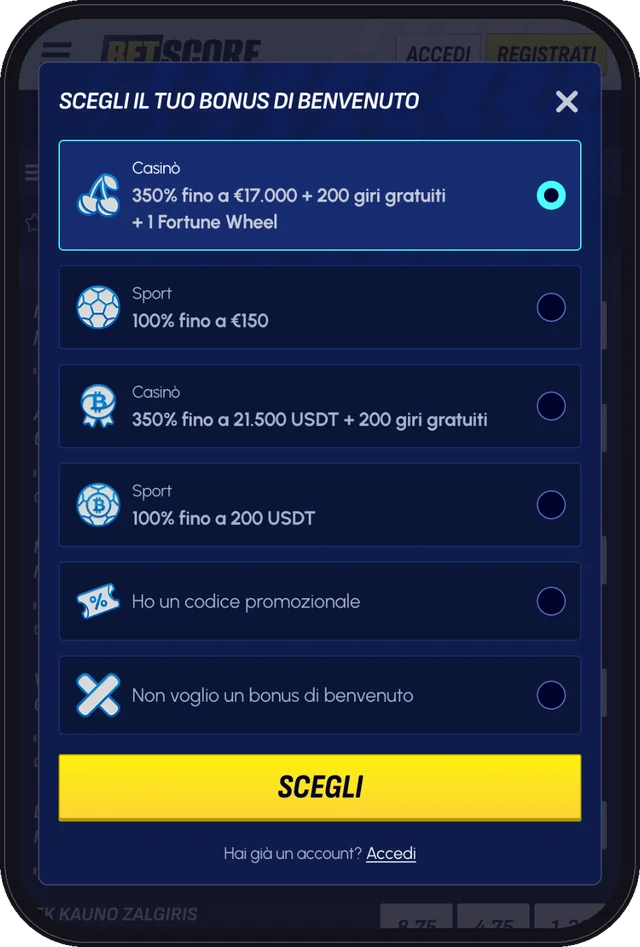 Registrazione BetScore da mobile, passo 1: scelta del bonus di benvenuto casinò 350% fino a €17.000, sport 100% fino a €150 o cripto